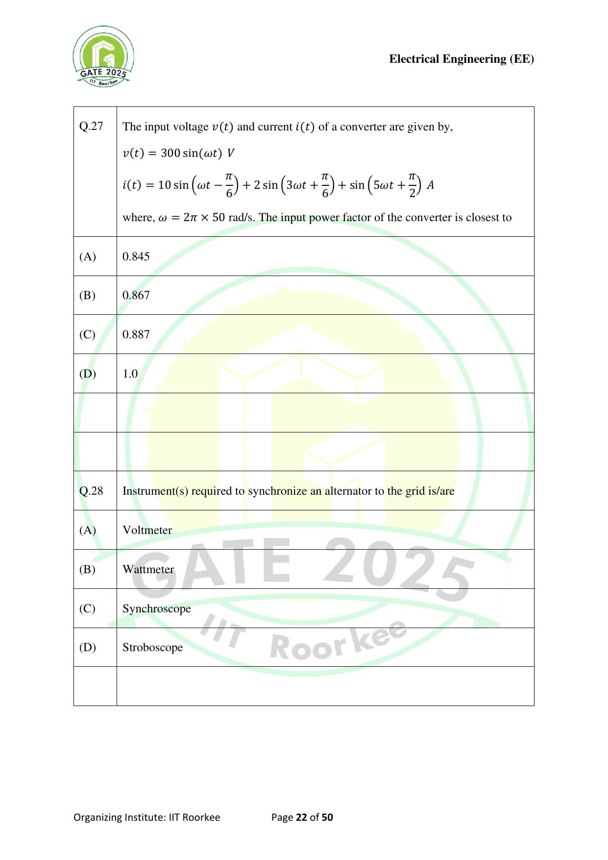 GATE 2025 Electrical Engineering (EE) Question Paper - Page 22