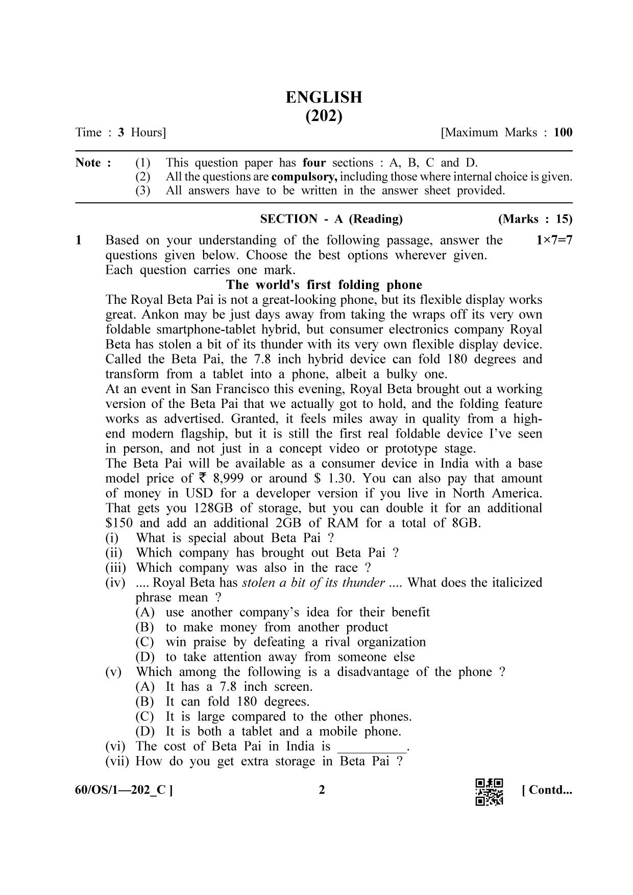 NIOS Jan-Feb 2021 Class 10 English (OS) SET C Question Paper - Page 2