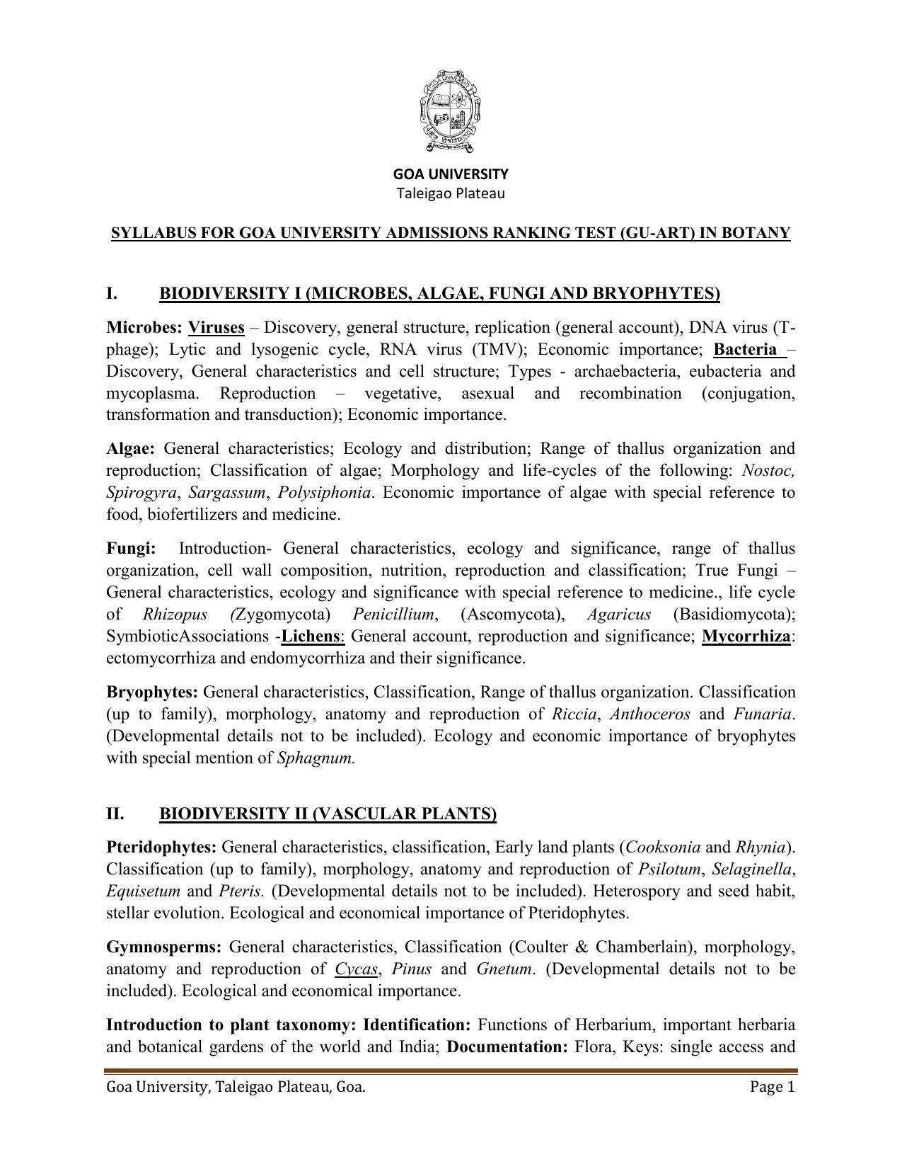GU ART Botany Syllabus - Page 1