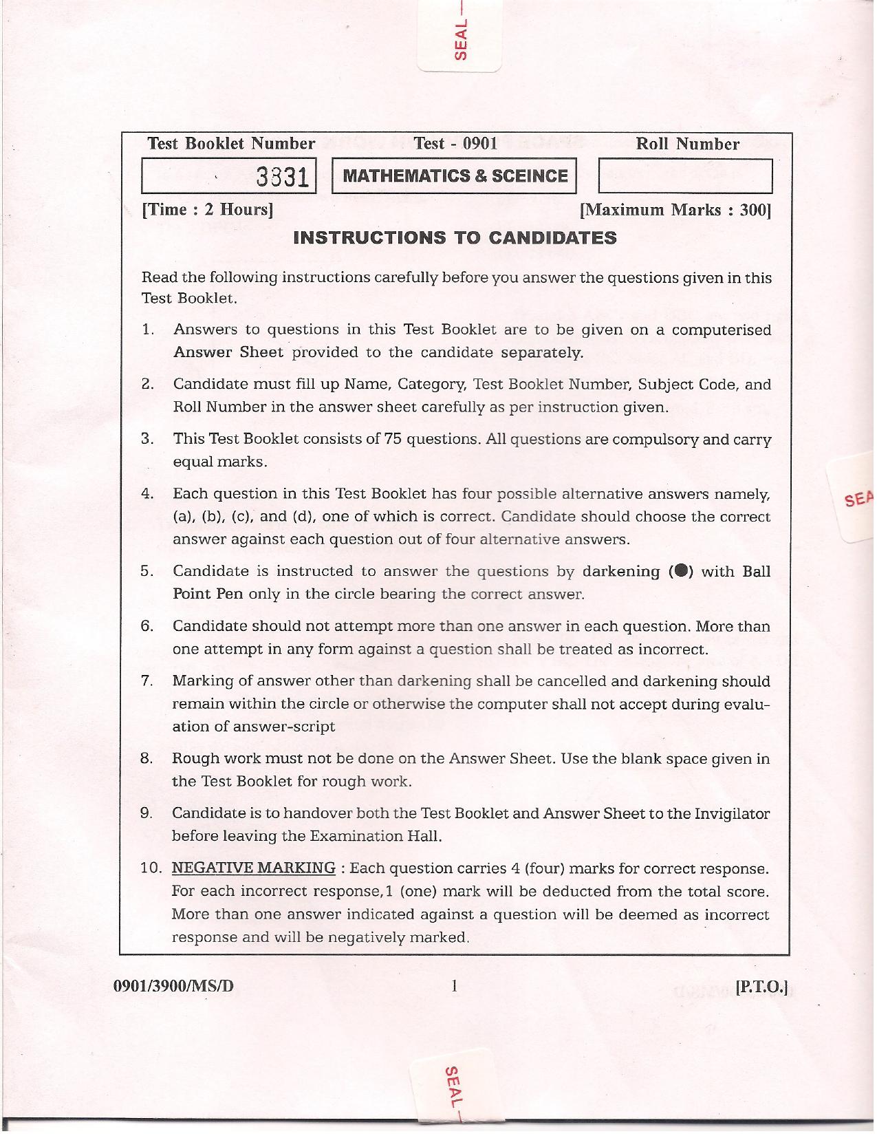 APJEE Mathematics & Science 2009 Question Paper - Page 1