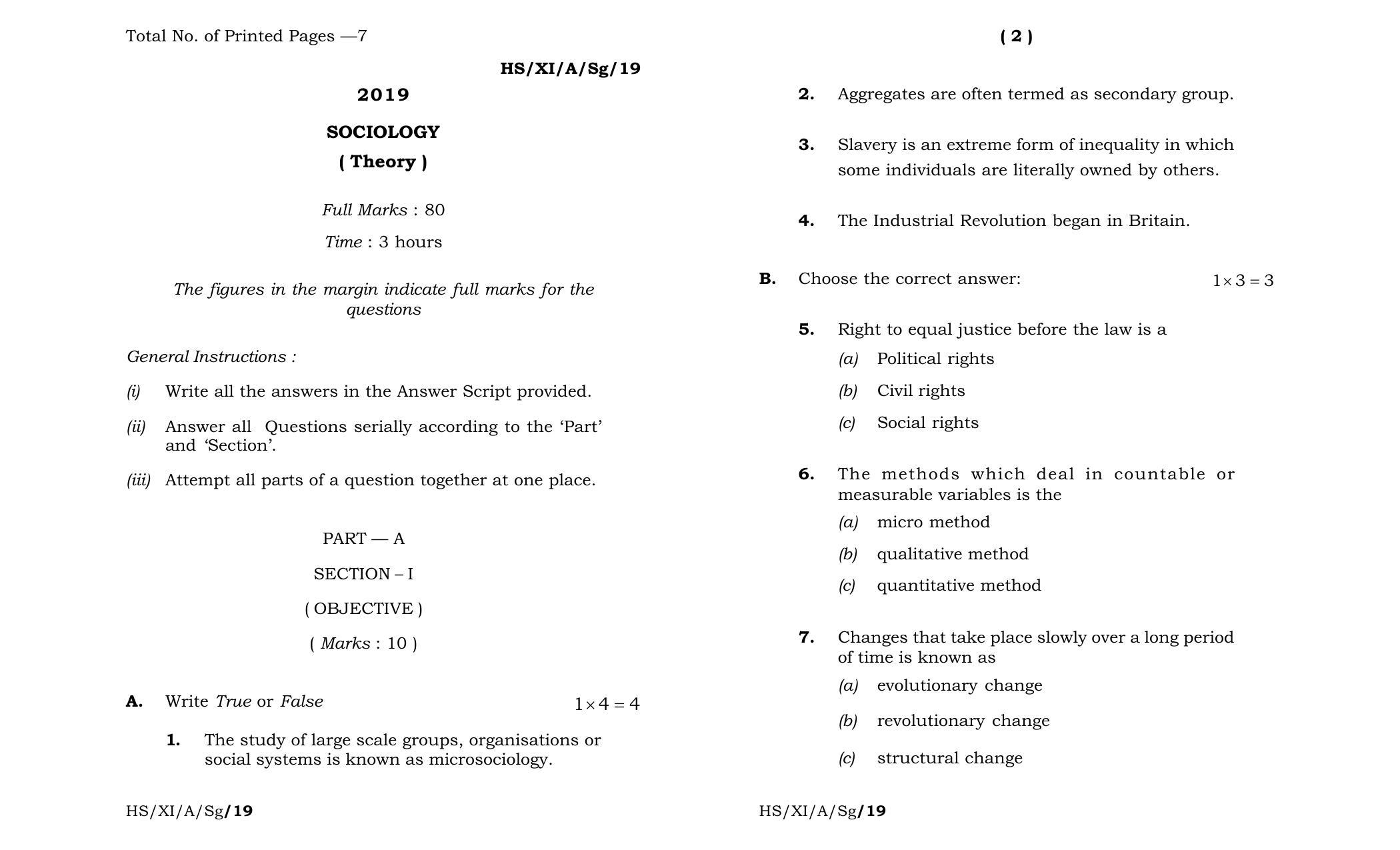 Meghalaya Board (MBOSE) Class 11 Sociology 2019 Question Paper - Page 1
