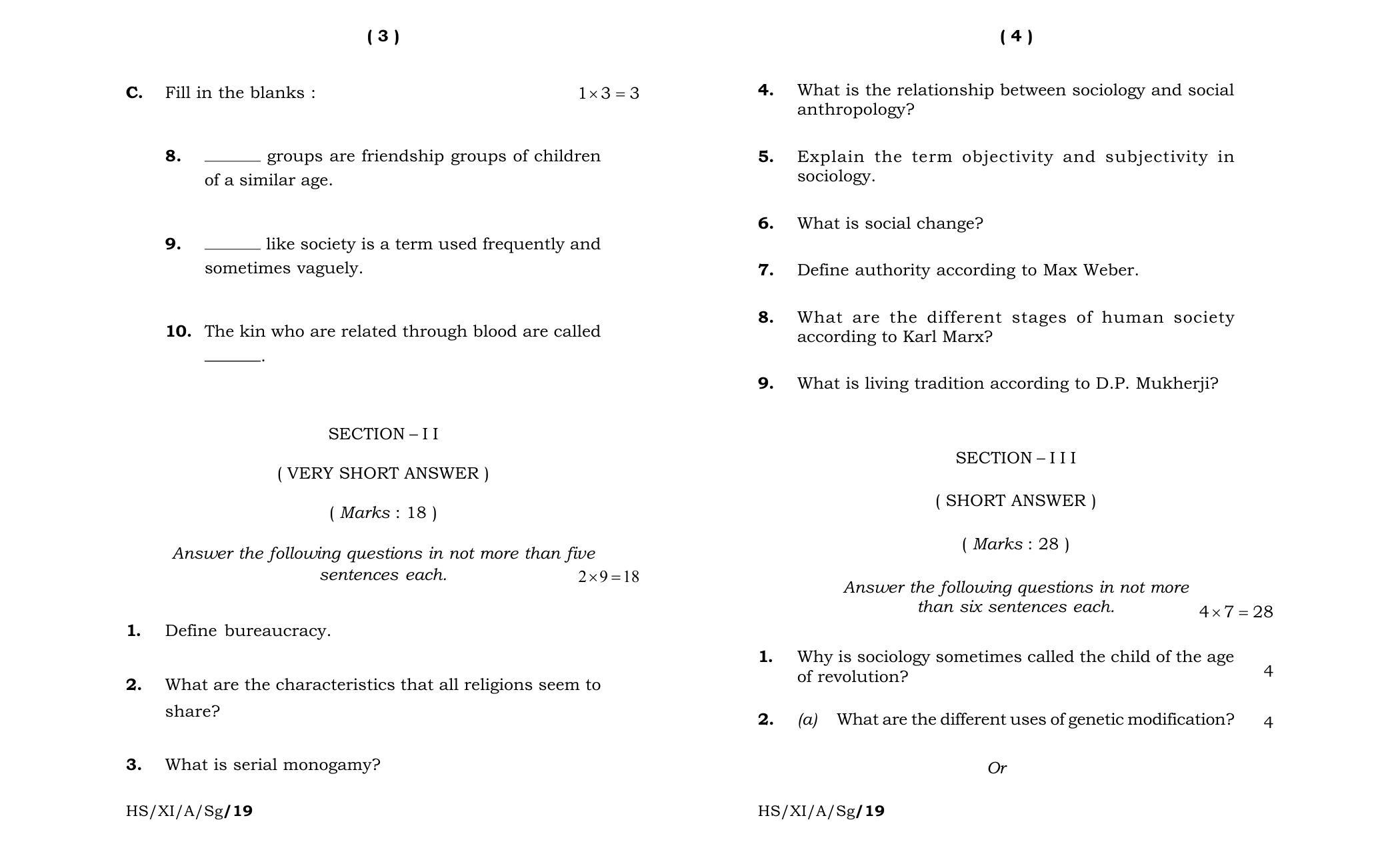 Meghalaya Board (MBOSE) Class 11 Sociology 2019 Question Paper - Page 2