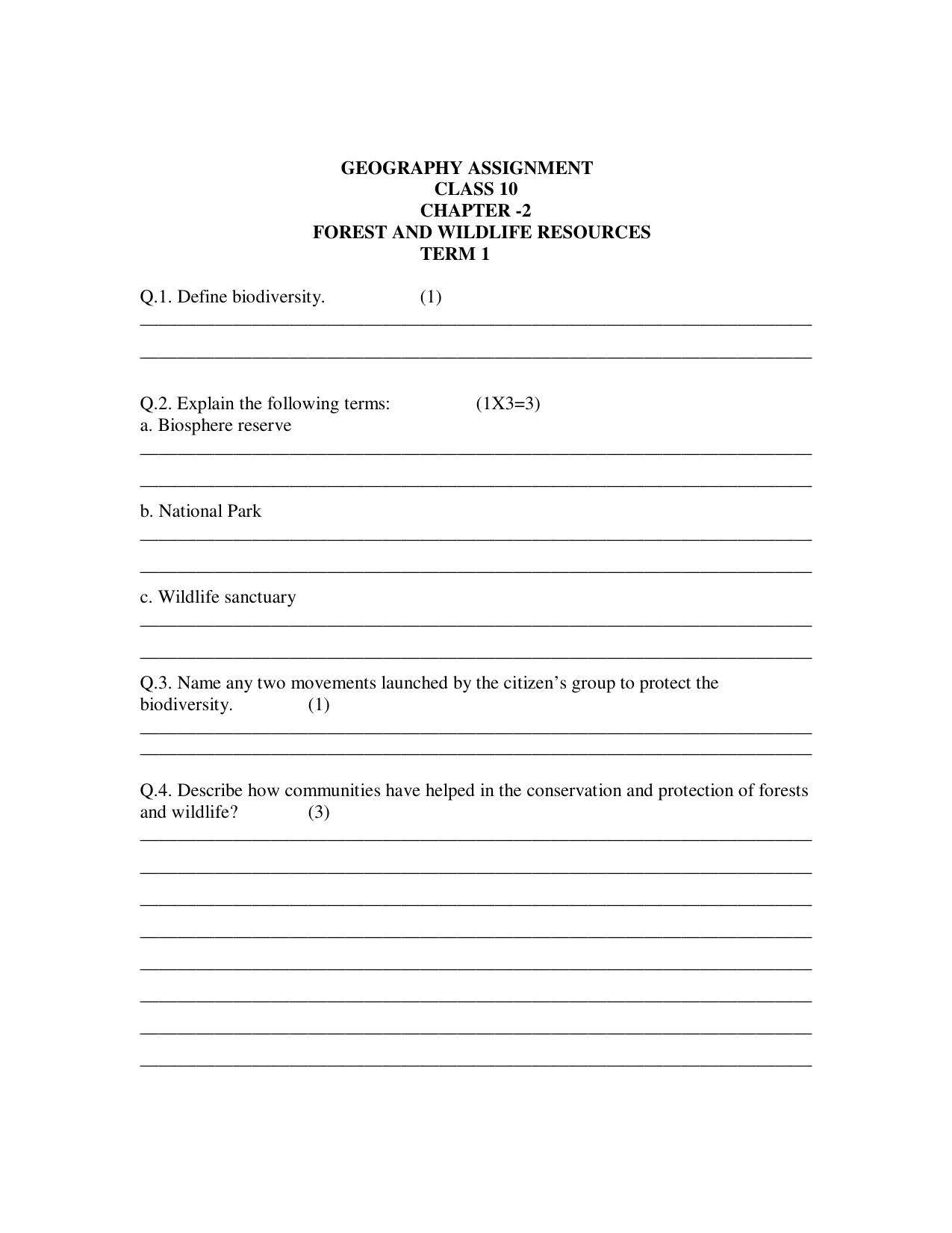 CBSE Worksheets for Class 10 Social Science Geography Forest and Wildlife Resources Assignment 1 - Page 1