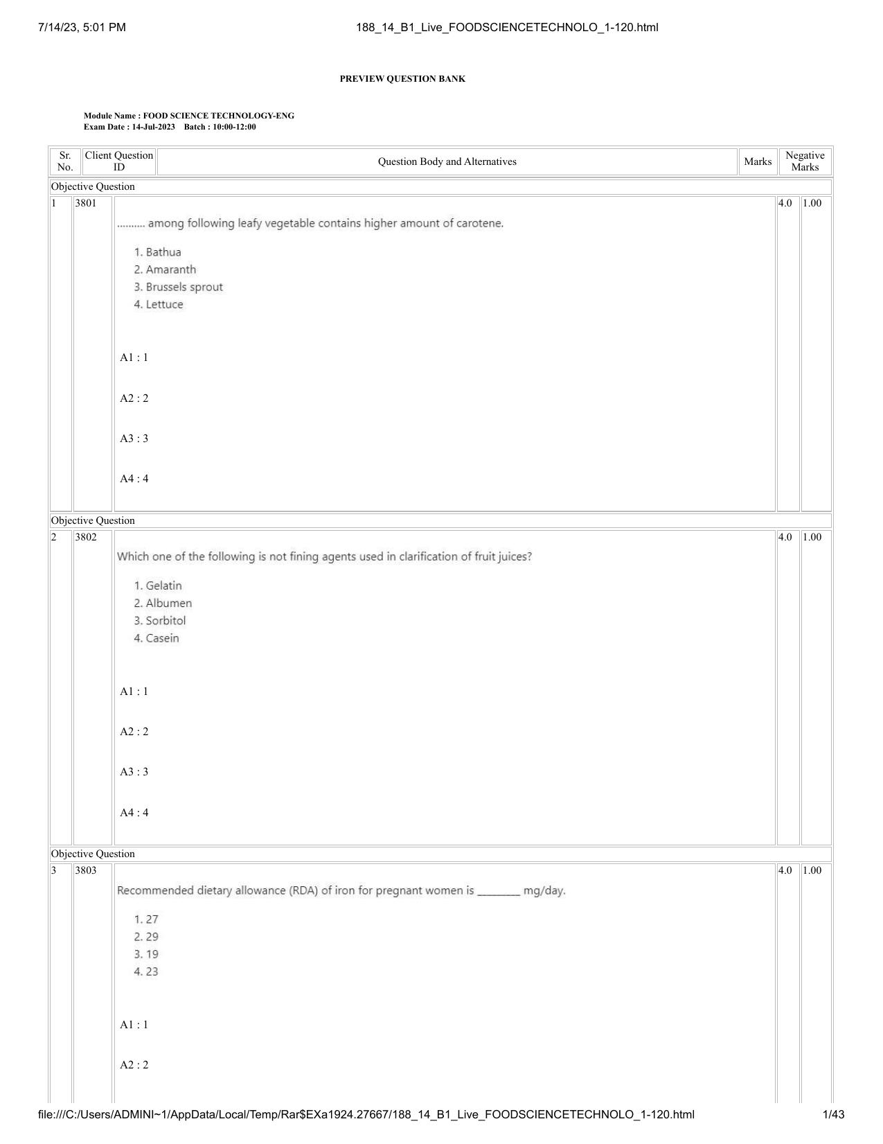ICAR AIEEA PG 2023 FOOD SCIENCE TECHNOLOGY Question Paper- 14 July 2023 - Page 1