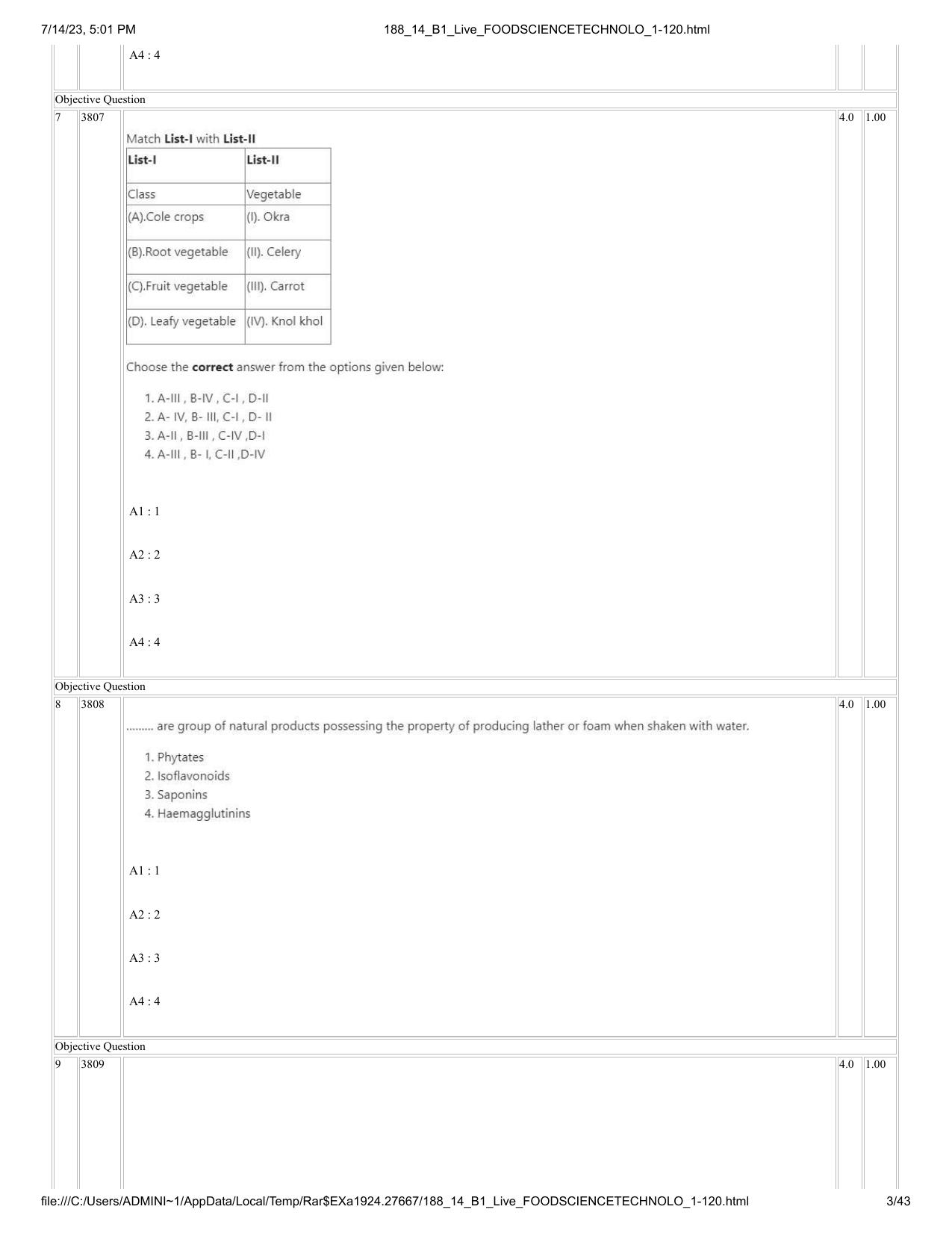 ICAR AIEEA PG 2023 FOOD SCIENCE TECHNOLOGY Question Paper- 14 July 2023 - Page 3