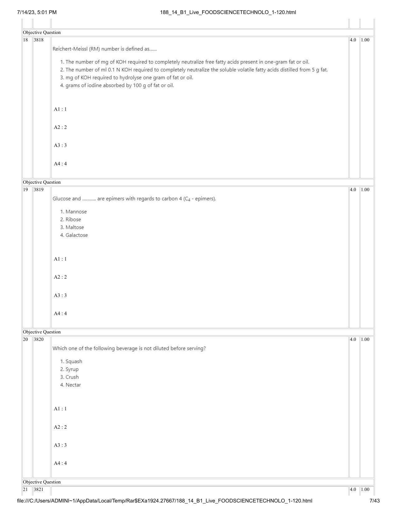 ICAR AIEEA PG 2023 FOOD SCIENCE TECHNOLOGY Question Paper- 14 July 2023 - Page 7