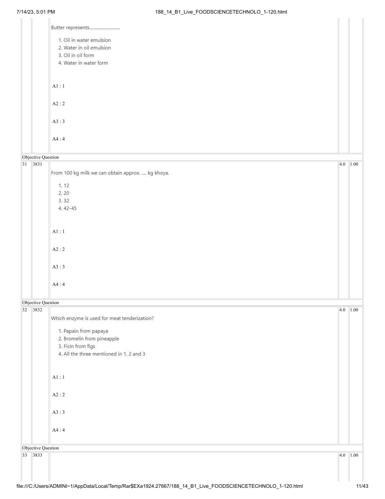 ICAR AIEEA PG 2023 FOOD SCIENCE TECHNOLOGY Question Paper- 14 July 2023 - Page 11
