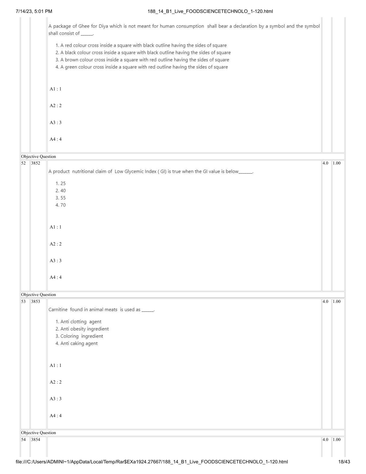 ICAR AIEEA PG 2023 FOOD SCIENCE TECHNOLOGY Question Paper- 14 July 2023 - Page 18