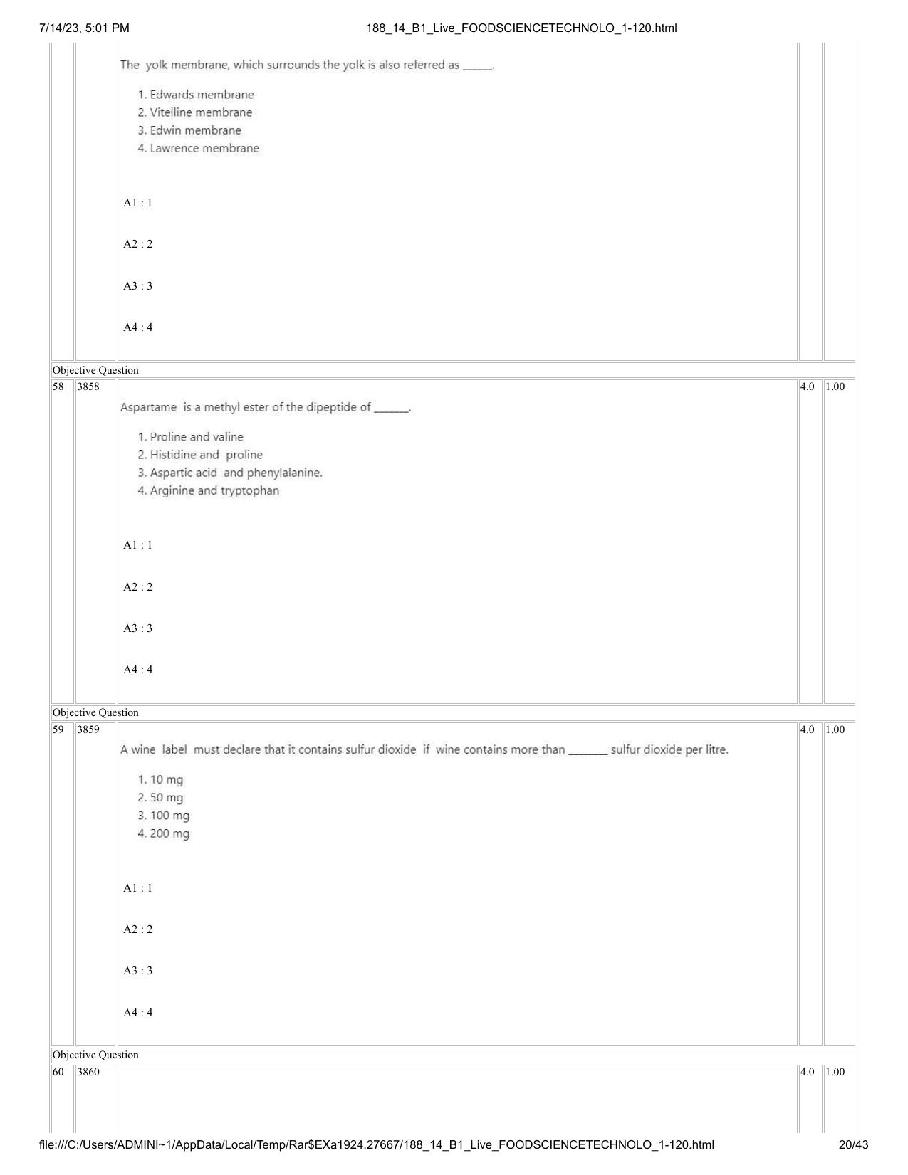 ICAR AIEEA PG 2023 FOOD SCIENCE TECHNOLOGY Question Paper- 14 July 2023 - Page 20