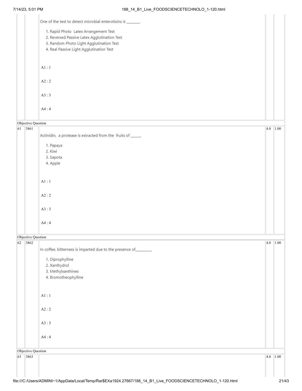 ICAR AIEEA PG 2023 FOOD SCIENCE TECHNOLOGY Question Paper- 14 July 2023 - Page 21