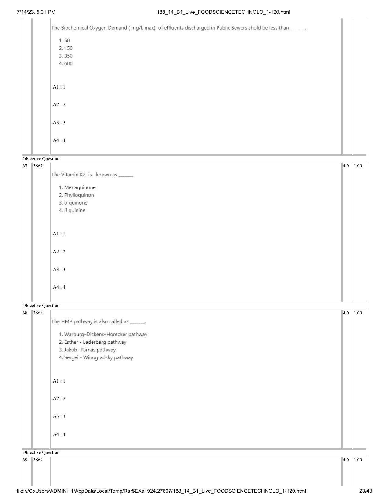 ICAR AIEEA PG 2023 FOOD SCIENCE TECHNOLOGY Question Paper- 14 July 2023 - Page 23