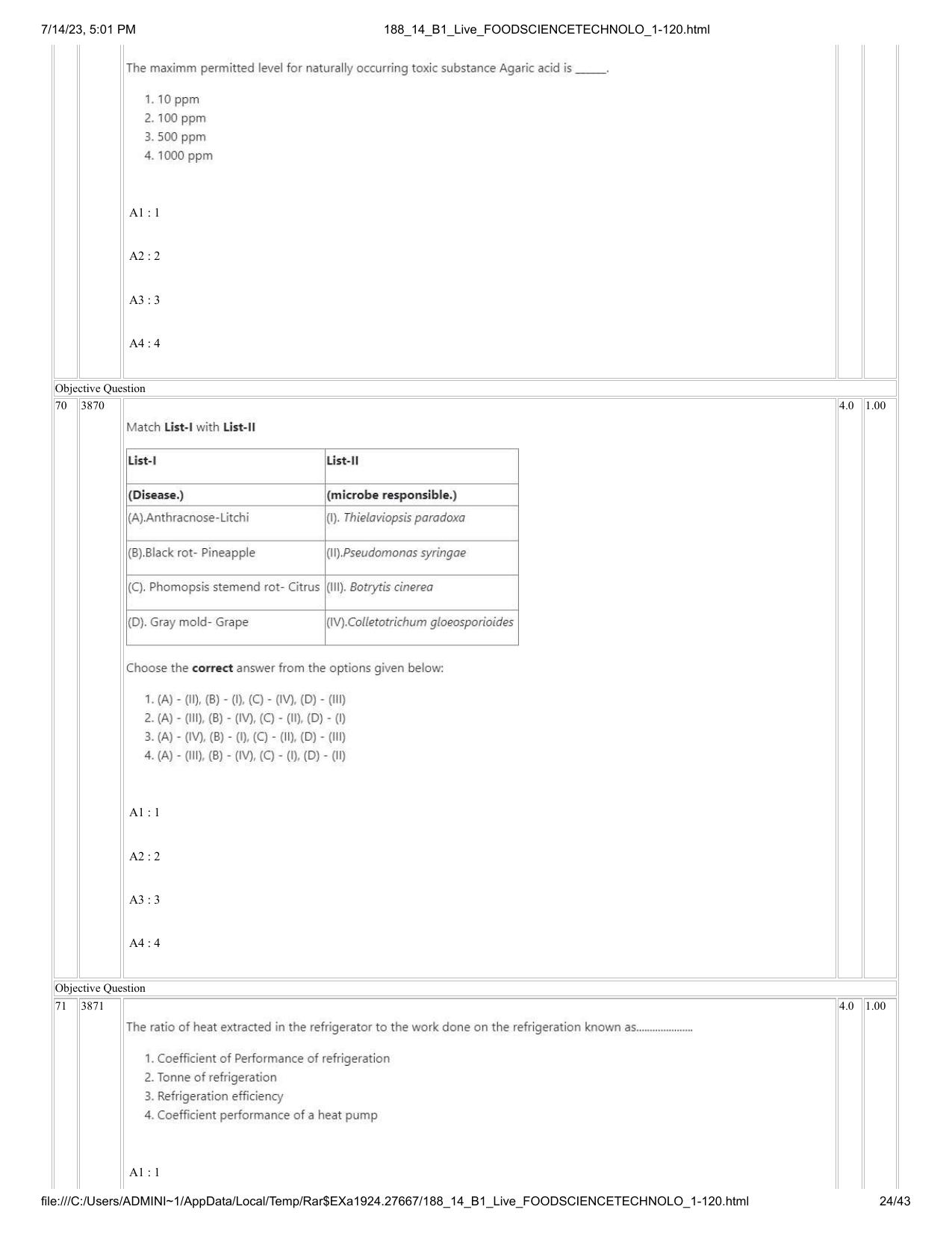 ICAR AIEEA PG 2023 FOOD SCIENCE TECHNOLOGY Question Paper- 14 July 2023 - Page 24