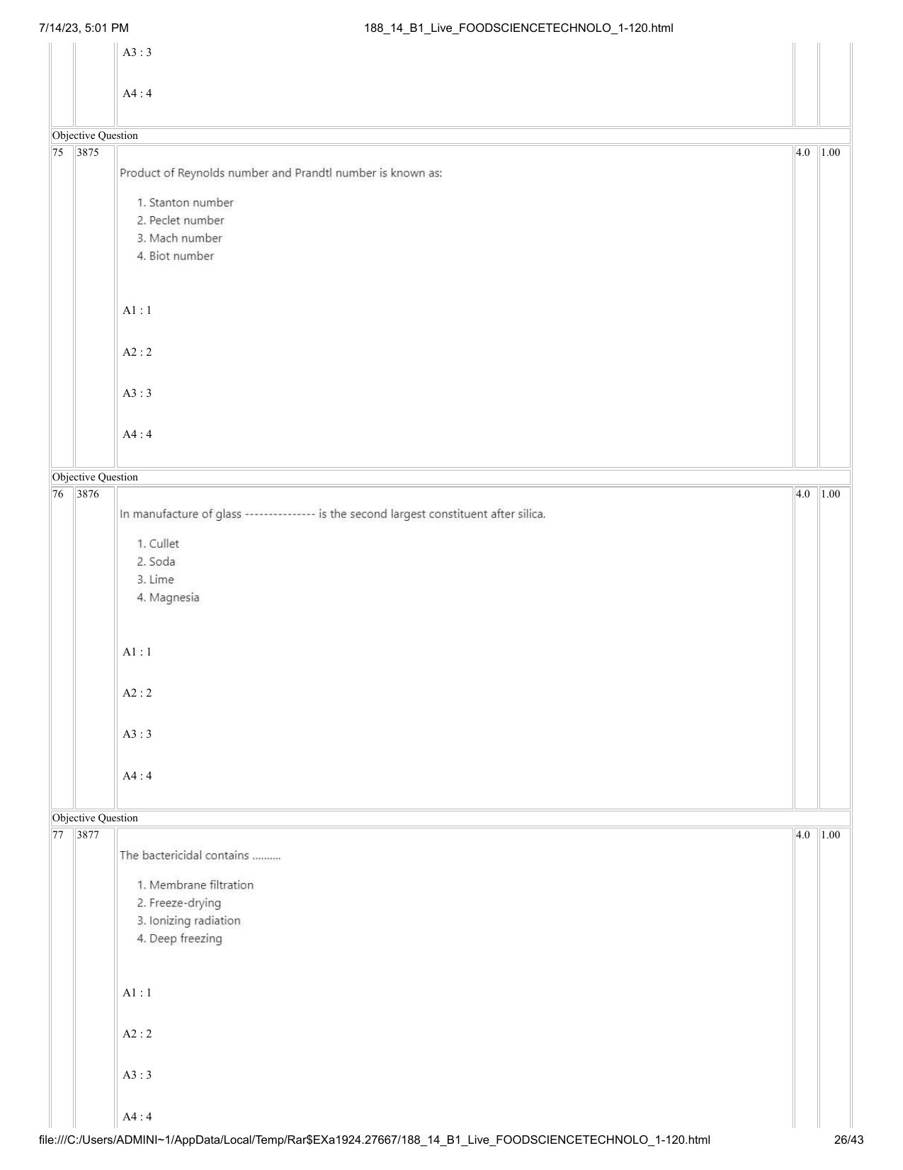 ICAR AIEEA PG 2023 FOOD SCIENCE TECHNOLOGY Question Paper- 14 July 2023 - Page 26