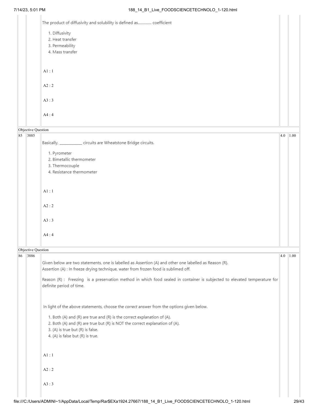 ICAR AIEEA PG 2023 FOOD SCIENCE TECHNOLOGY Question Paper- 14 July 2023 - Page 29