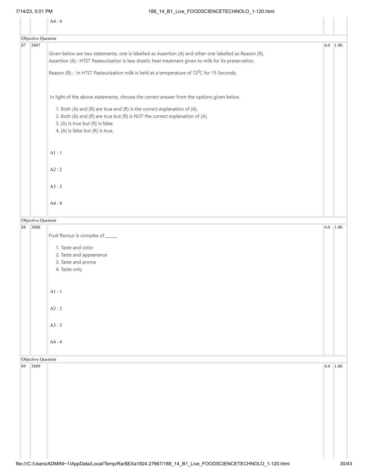 ICAR AIEEA PG 2023 FOOD SCIENCE TECHNOLOGY Question Paper- 14 July 2023 - Page 30