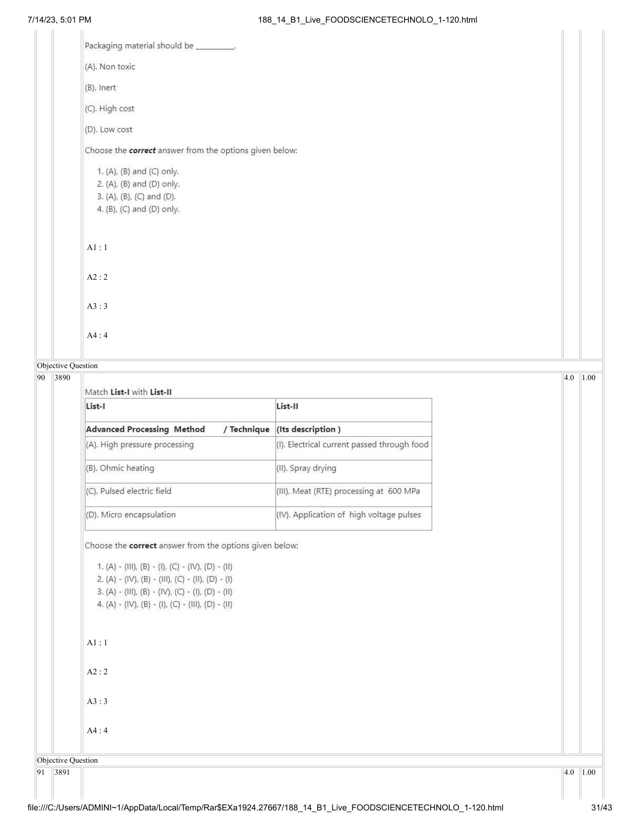 ICAR AIEEA PG 2023 FOOD SCIENCE TECHNOLOGY Question Paper- 14 July 2023 - Page 31