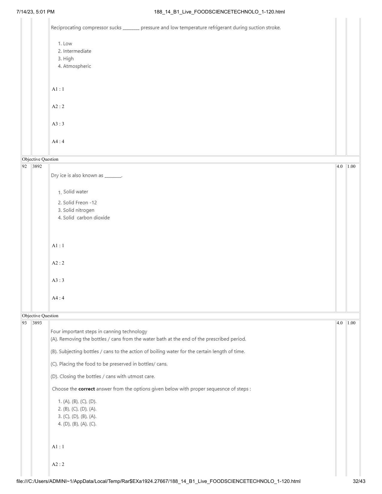ICAR AIEEA PG 2023 FOOD SCIENCE TECHNOLOGY Question Paper- 14 July 2023 - Page 32