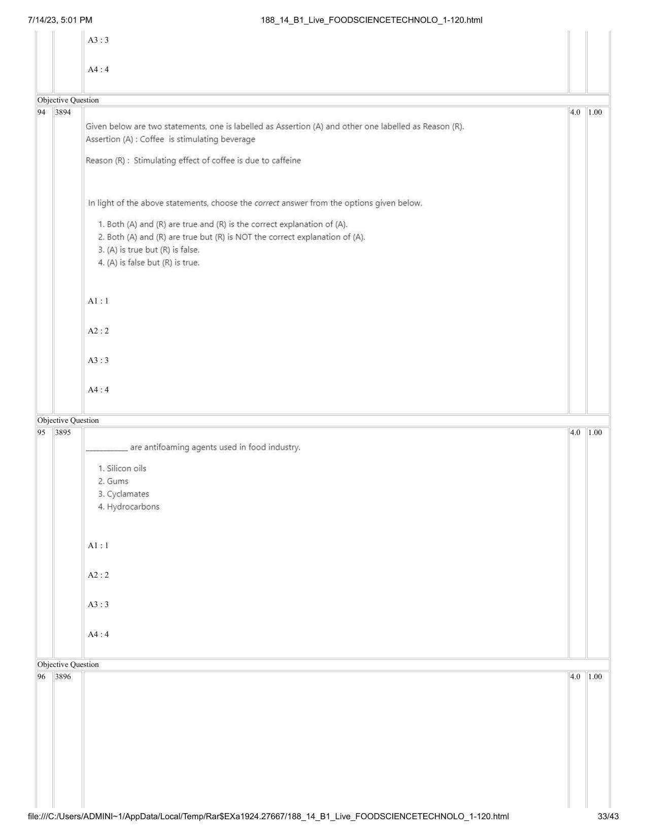 ICAR AIEEA PG 2023 FOOD SCIENCE TECHNOLOGY Question Paper- 14 July 2023 - Page 33