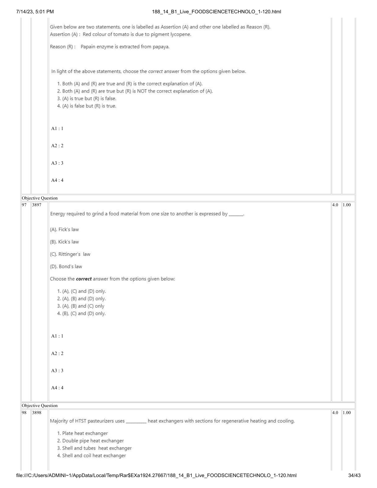 ICAR AIEEA PG 2023 FOOD SCIENCE TECHNOLOGY Question Paper- 14 July 2023 - Page 34