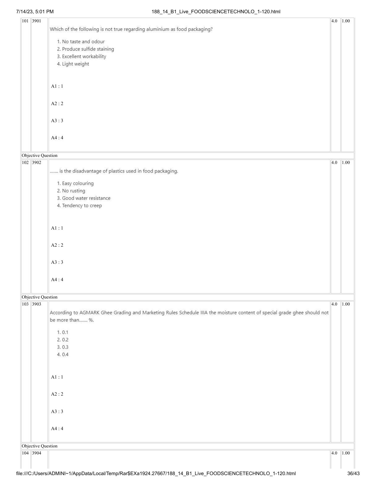 ICAR AIEEA PG 2023 FOOD SCIENCE TECHNOLOGY Question Paper- 14 July 2023 - Page 36