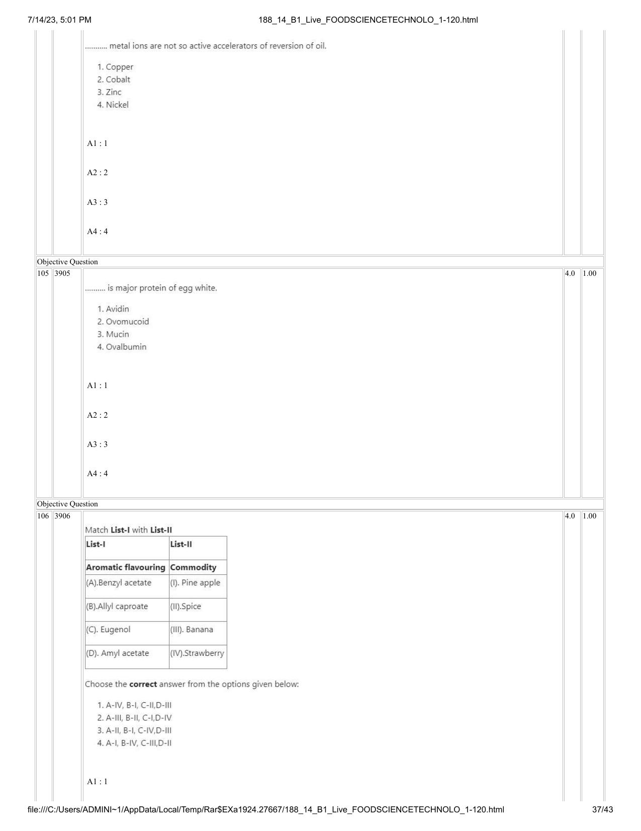 ICAR AIEEA PG 2023 FOOD SCIENCE TECHNOLOGY Question Paper- 14 July 2023 - Page 37