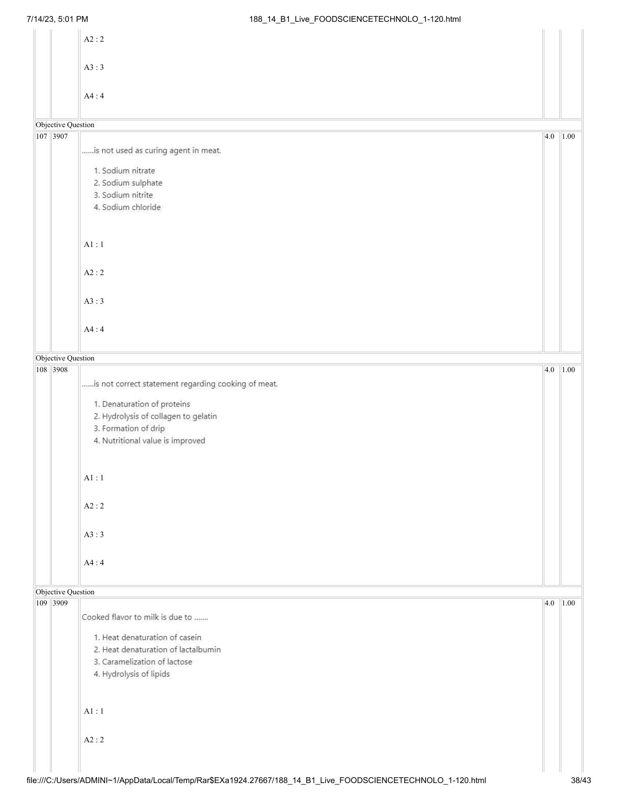 ICAR AIEEA PG 2023 FOOD SCIENCE TECHNOLOGY Question Paper- 14 July 2023 - Page 38