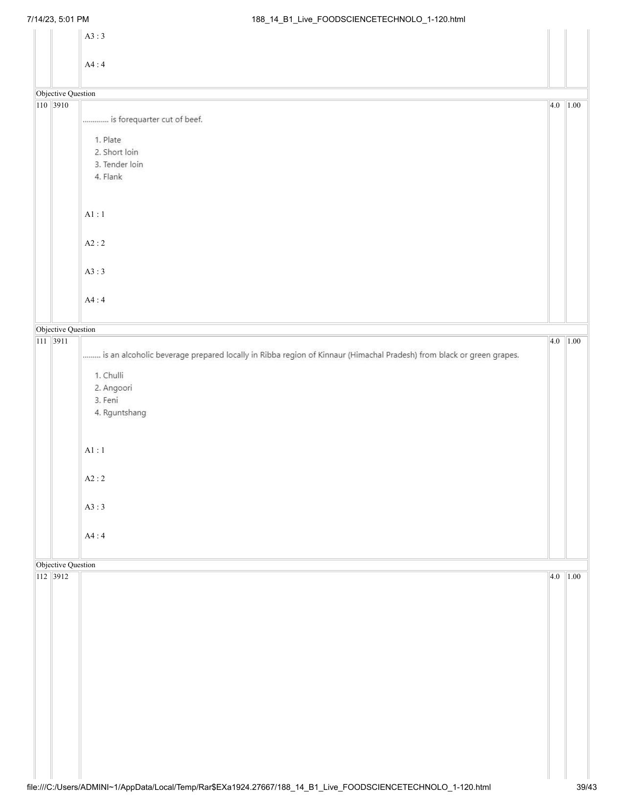 ICAR AIEEA PG 2023 FOOD SCIENCE TECHNOLOGY Question Paper- 14 July 2023 - Page 39