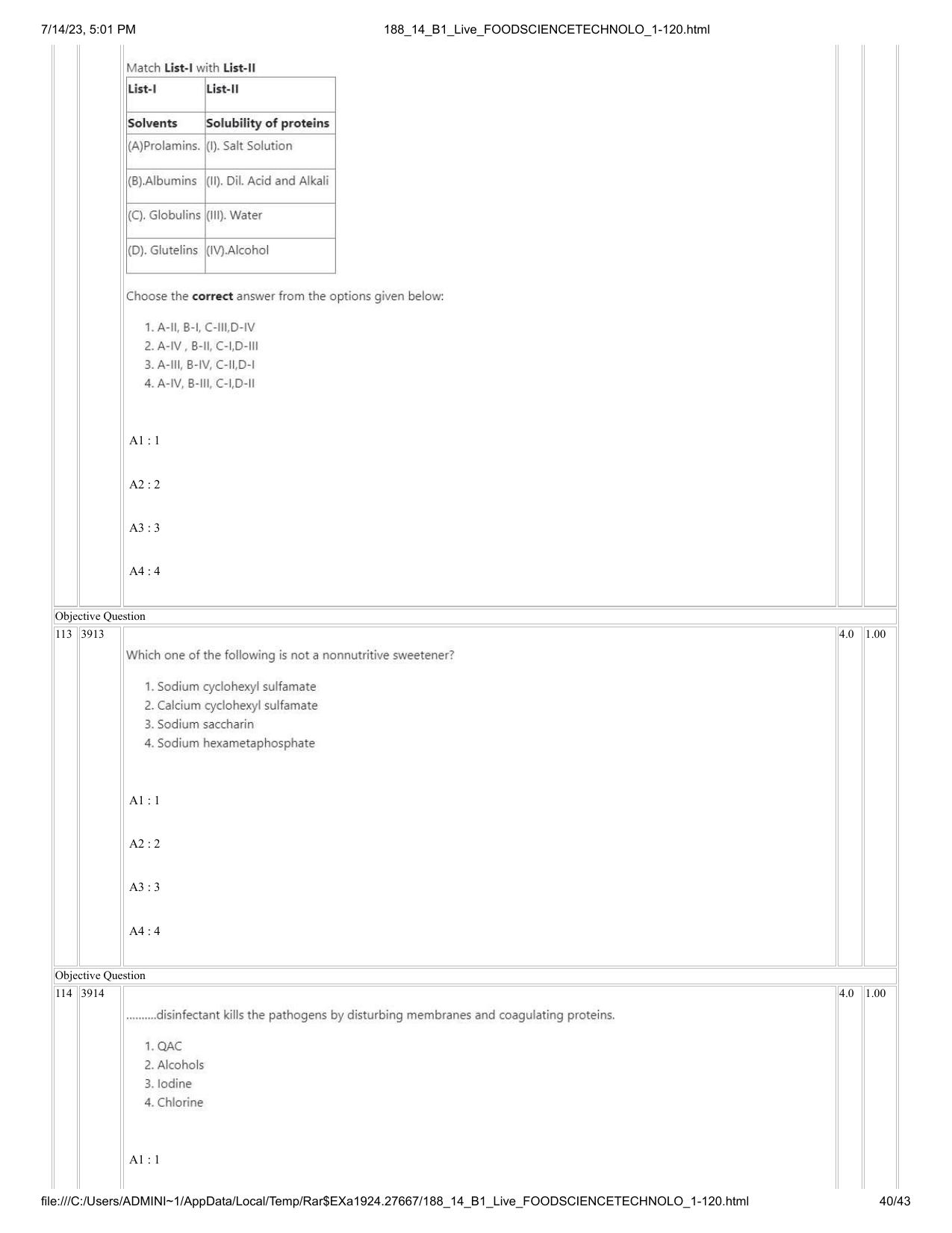 ICAR AIEEA PG 2023 FOOD SCIENCE TECHNOLOGY Question Paper- 14 July 2023 - Page 40