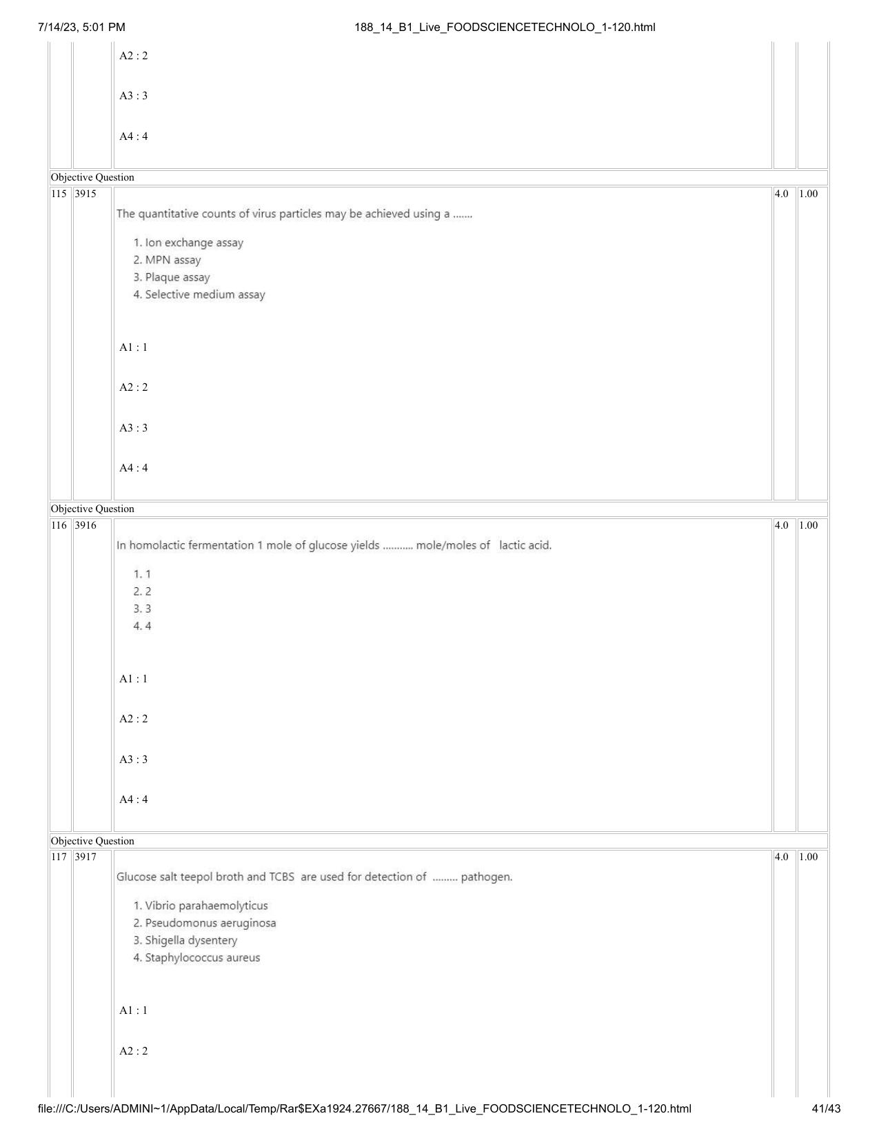 ICAR AIEEA PG 2023 FOOD SCIENCE TECHNOLOGY Question Paper- 14 July 2023 - Page 41