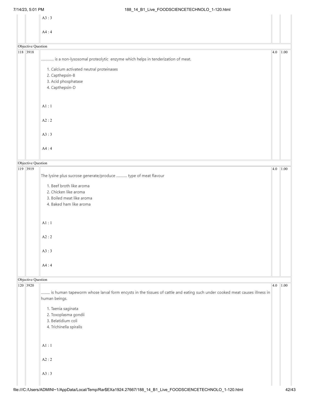 ICAR AIEEA PG 2023 FOOD SCIENCE TECHNOLOGY Question Paper- 14 July 2023 - Page 42