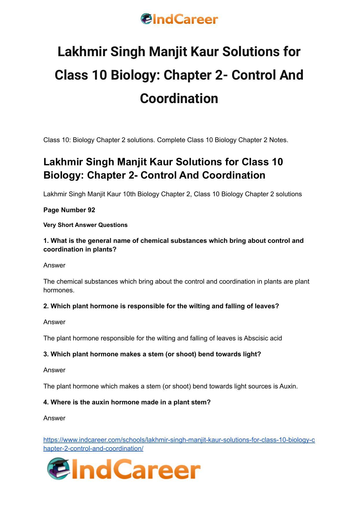 Lakhmir Singh Manjit Kaur Solutions for Class 10 Biology: Chapter 2- Control And Coordination - Page 2