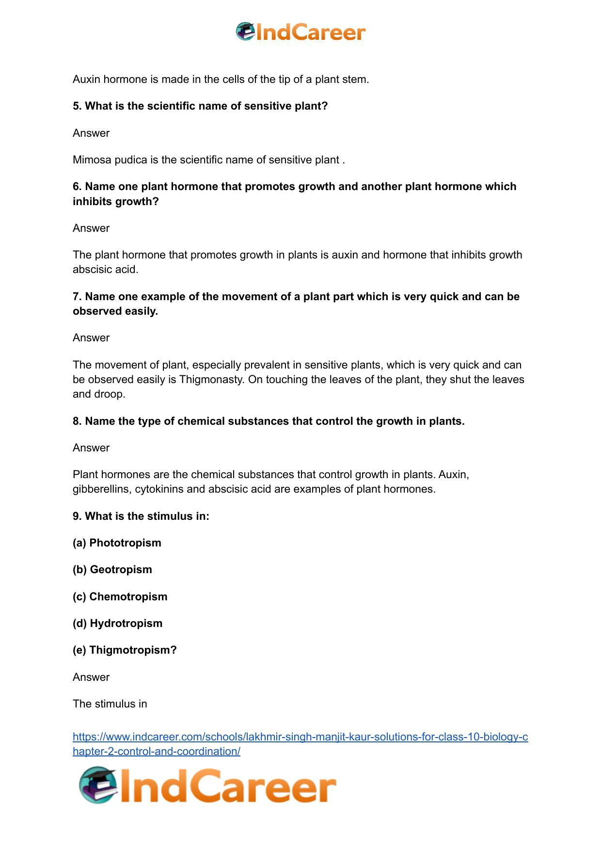Lakhmir Singh Manjit Kaur Solutions for Class 10 Biology: Chapter 2- Control And Coordination - Page 3