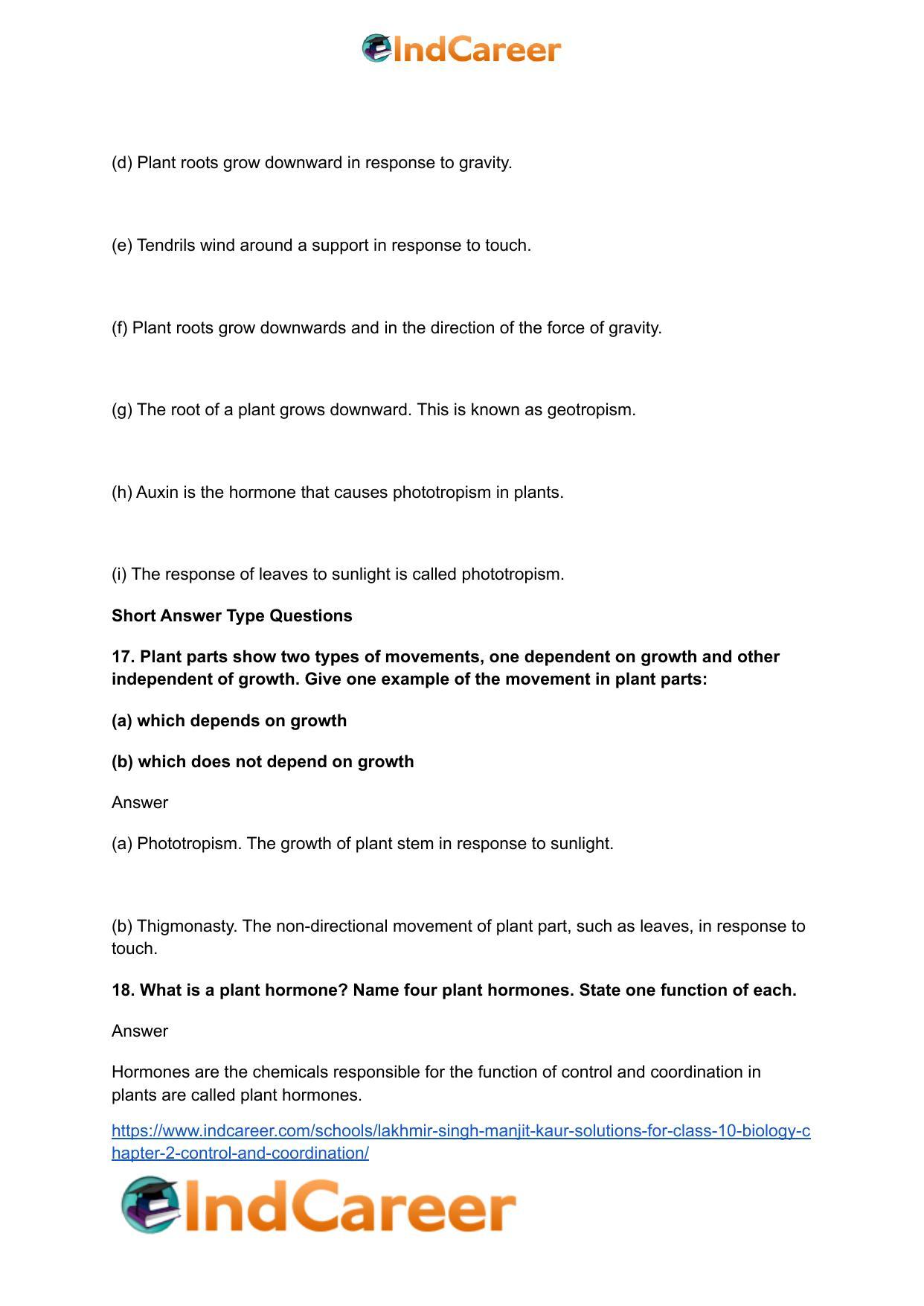 Lakhmir Singh Manjit Kaur Solutions for Class 10 Biology: Chapter 2- Control And Coordination - Page 7