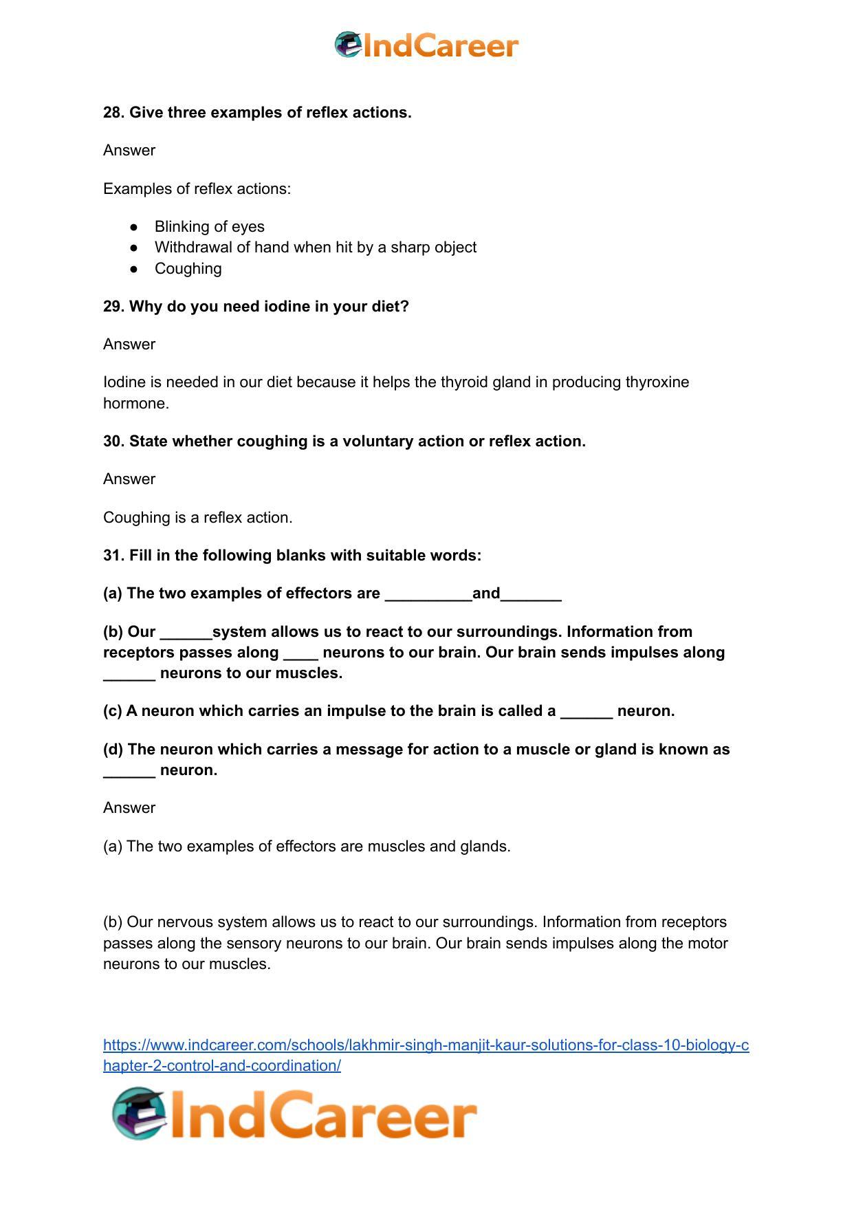 Lakhmir Singh Manjit Kaur Solutions for Class 10 Biology: Chapter 2- Control And Coordination - Page 33