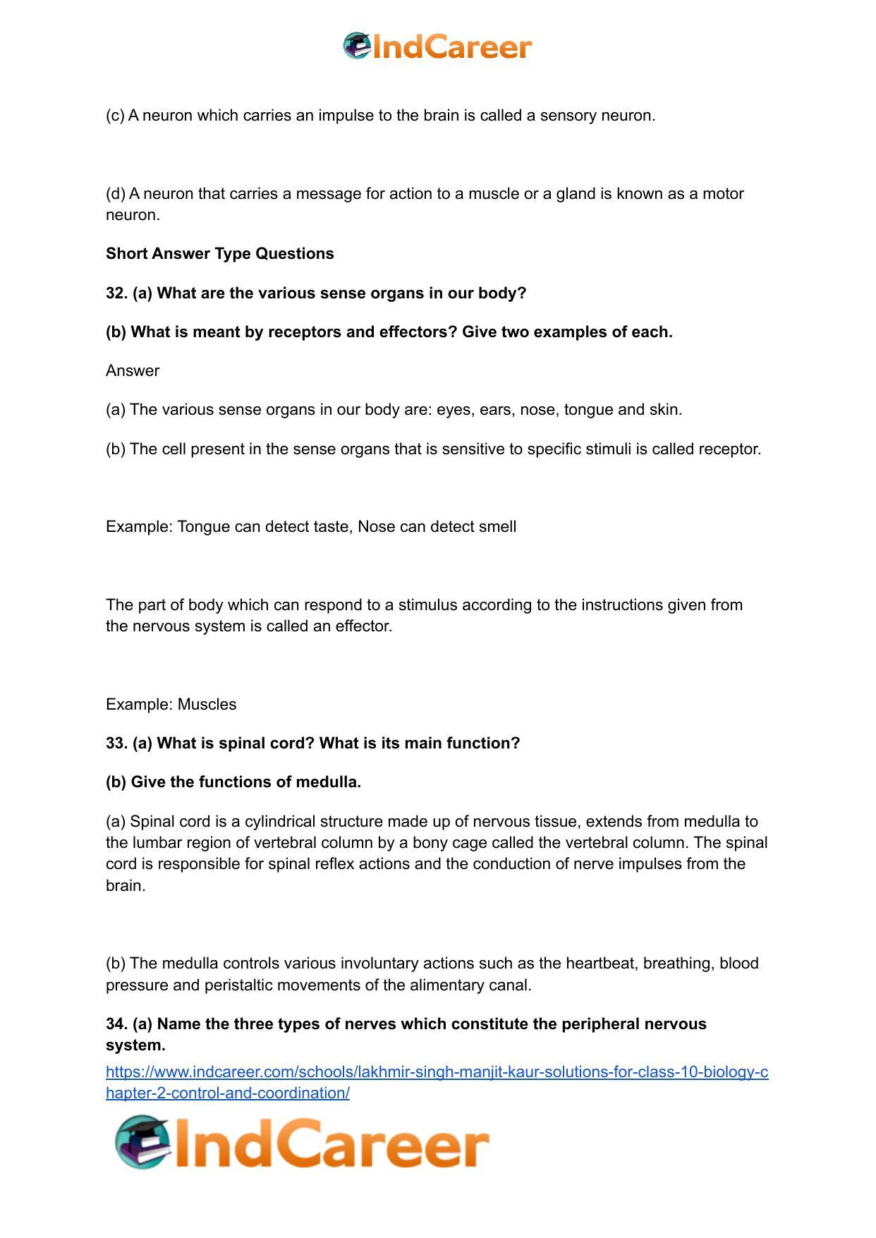 Lakhmir Singh Manjit Kaur Solutions for Class 10 Biology: Chapter 2- Control And Coordination - Page 34
