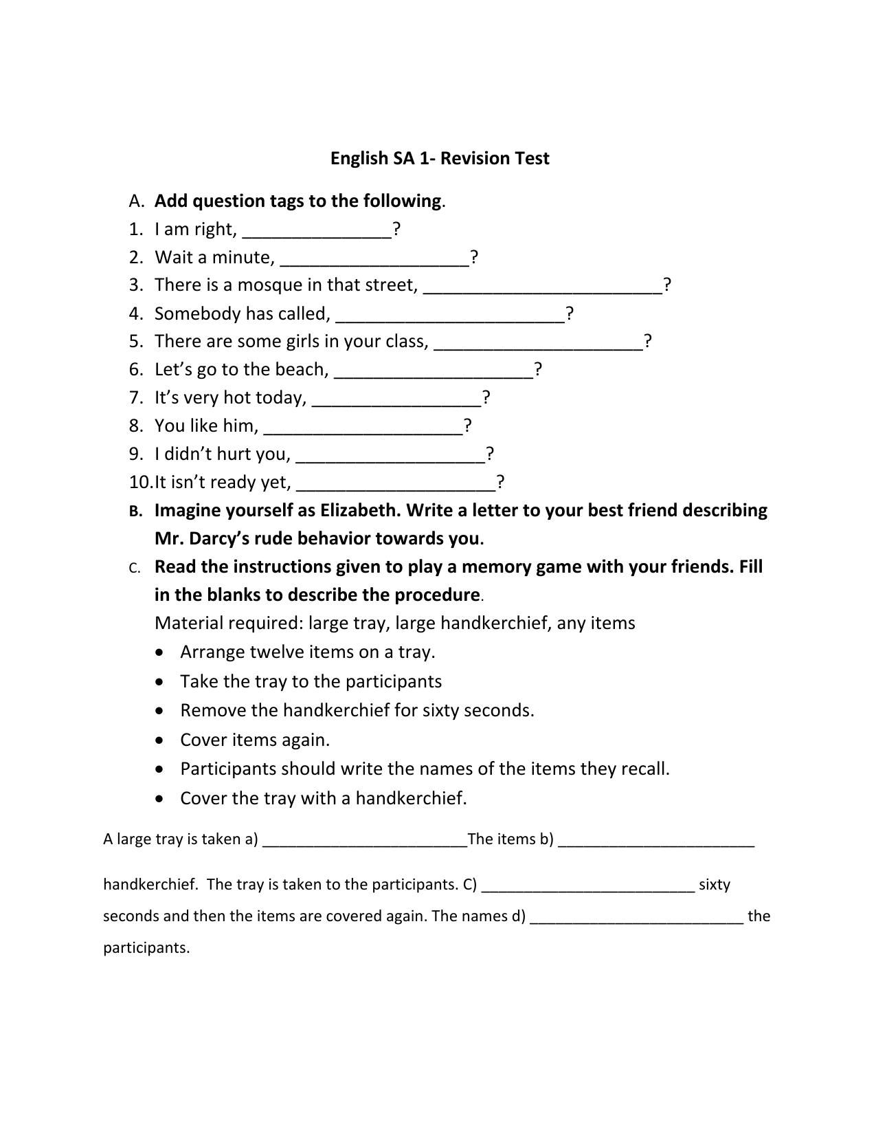 CBSE Worksheets for Class 8 English SA1 Assignment 1 - Page 1