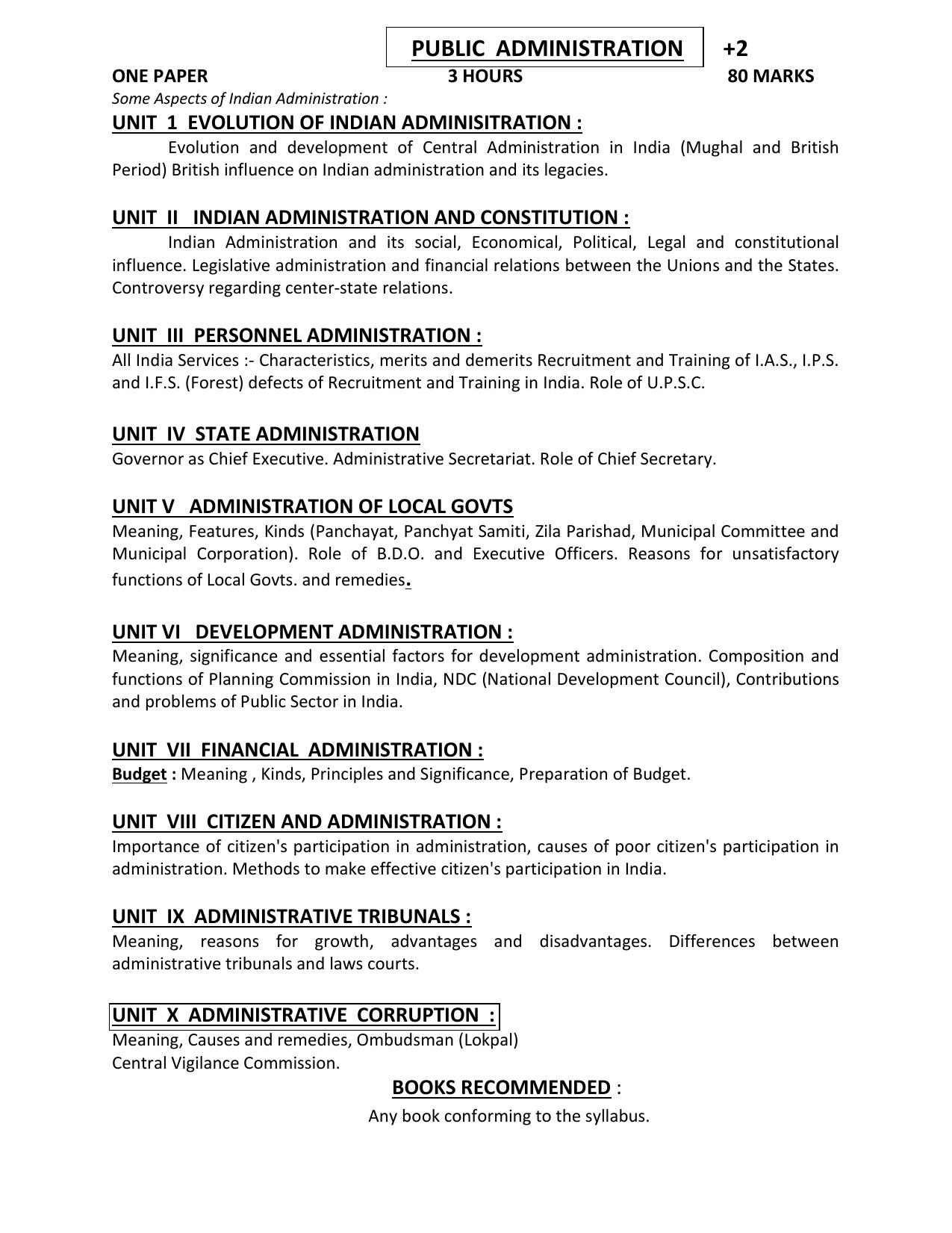 HP Board Class 12th Syllabus for Public Administration - Page 1