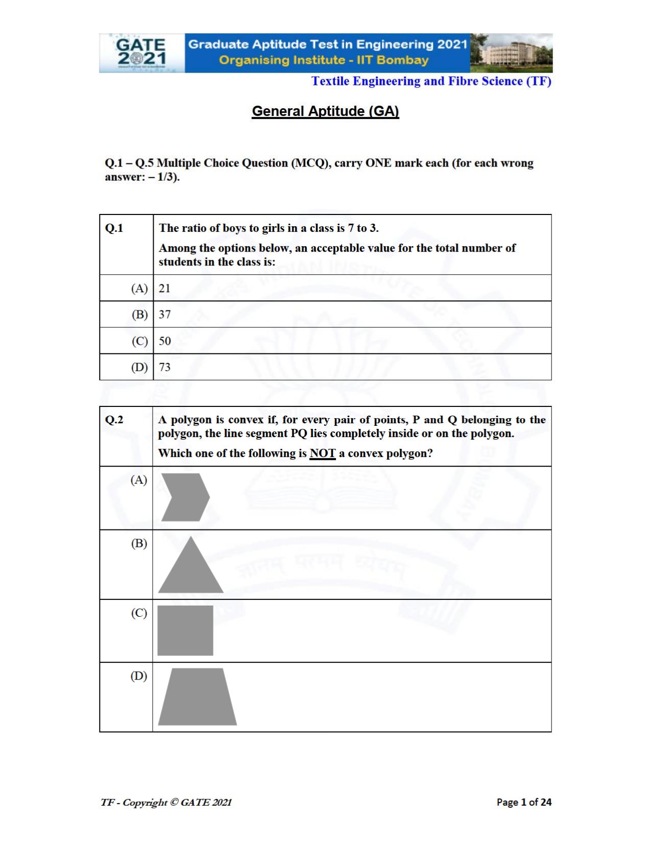 GATE 2021 Textile Engineering & Fibre Science (TF) Question Paper - Page 1