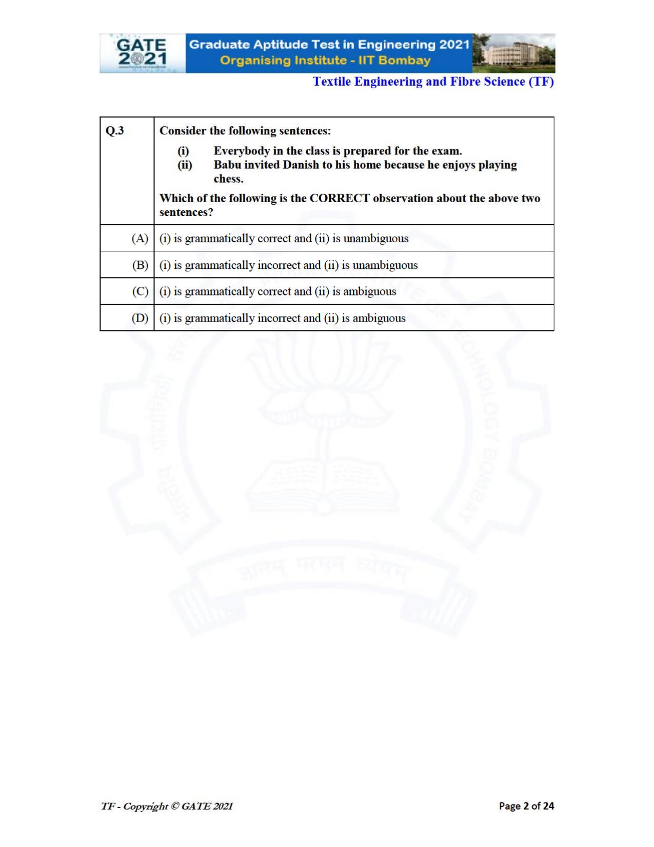 GATE 2021 Textile Engineering & Fibre Science (TF) Question Paper - Page 2