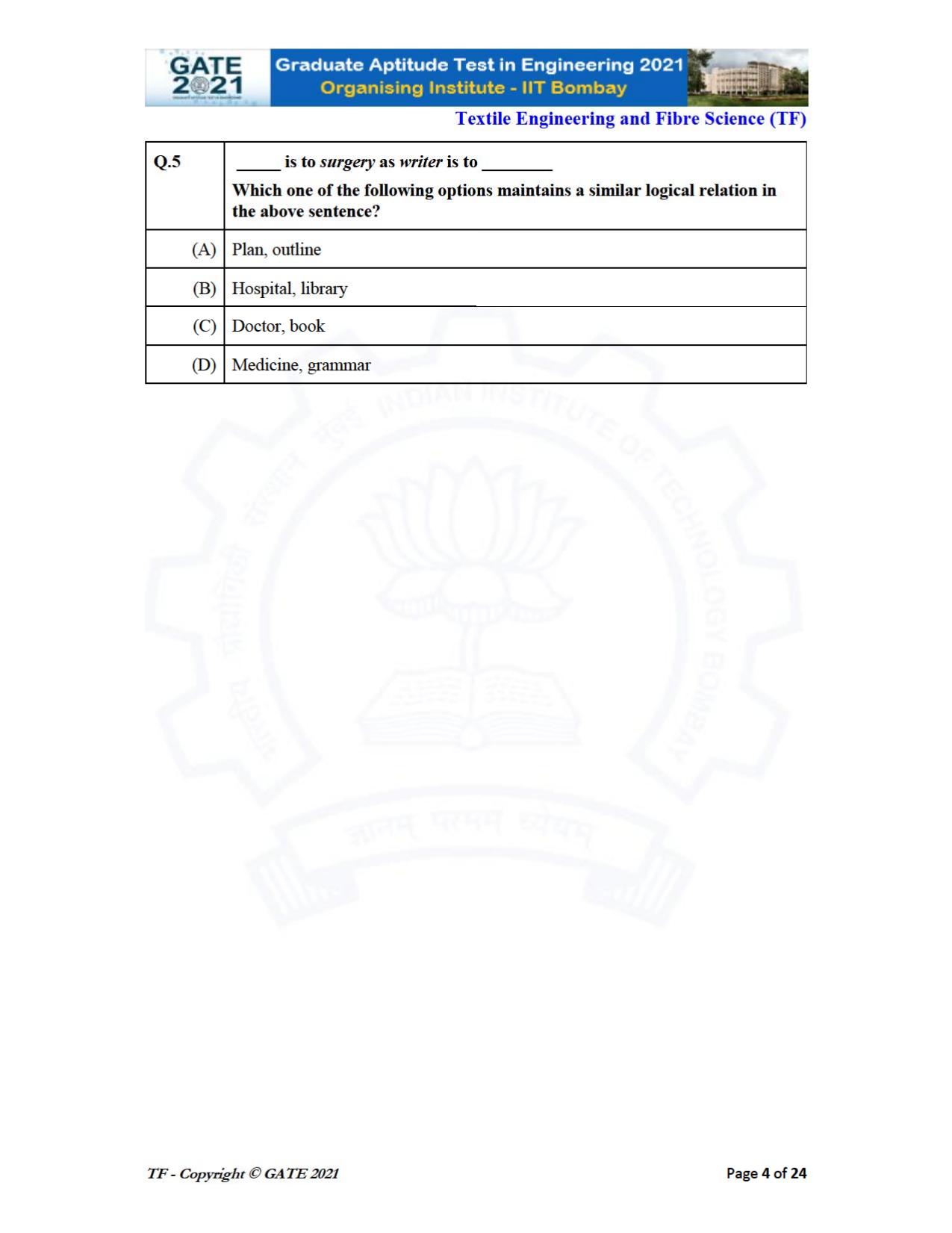 GATE 2021 Textile Engineering & Fibre Science (TF) Question Paper - Page 4