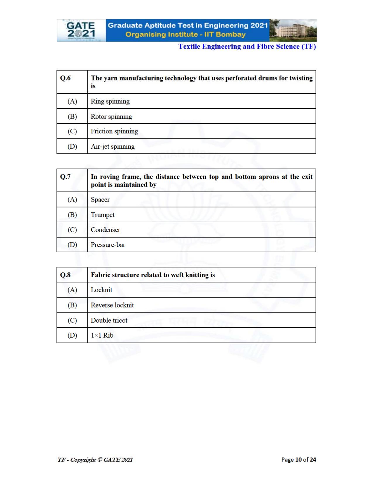 GATE 2021 Textile Engineering & Fibre Science (TF) Question Paper - Page 10