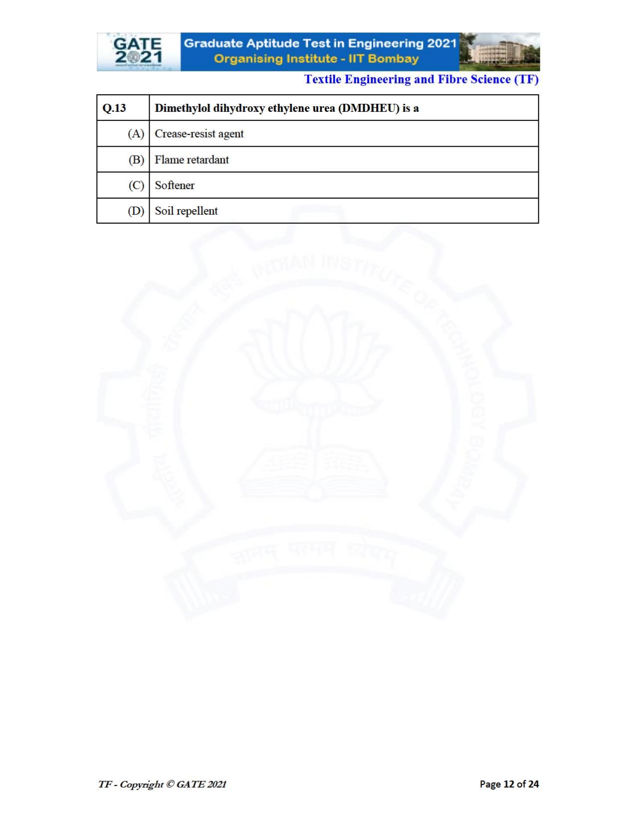 GATE 2021 Textile Engineering & Fibre Science (TF) Question Paper - Page 12