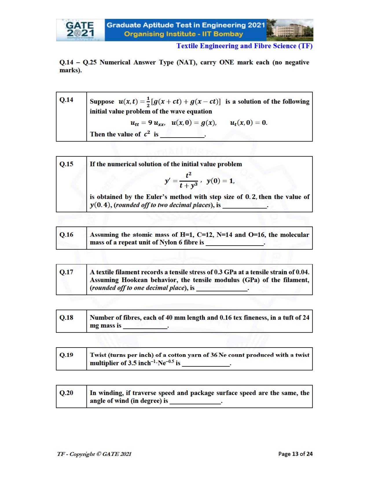 GATE 2021 Textile Engineering & Fibre Science (TF) Question Paper - Page 13