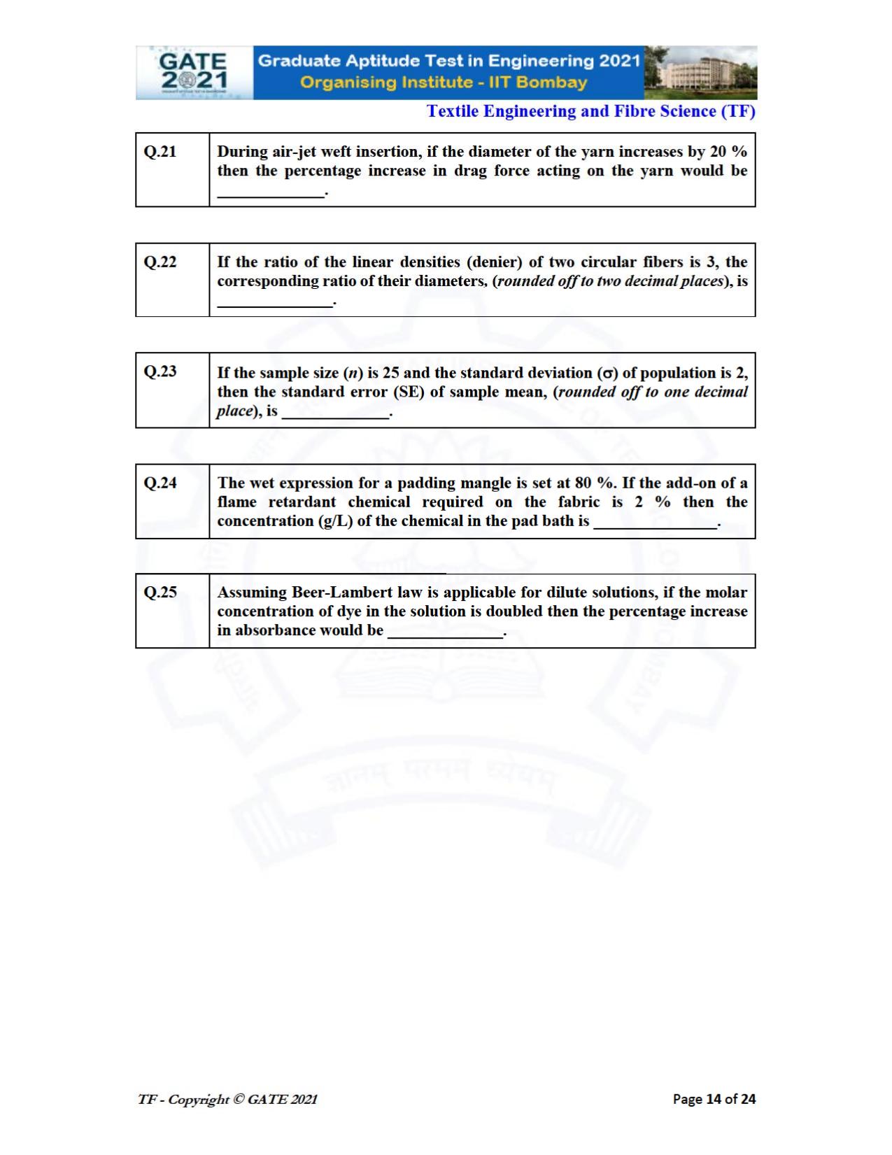 GATE 2021 Textile Engineering & Fibre Science (TF) Question Paper - Page 14