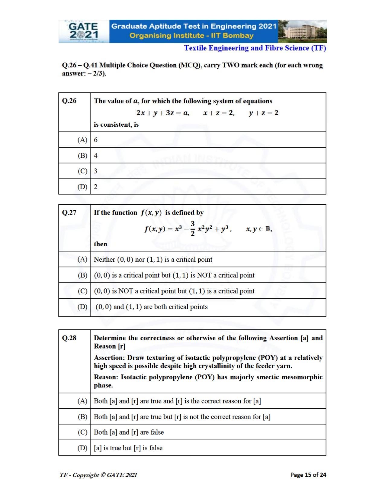 GATE 2021 Textile Engineering & Fibre Science (TF) Question Paper - Page 15