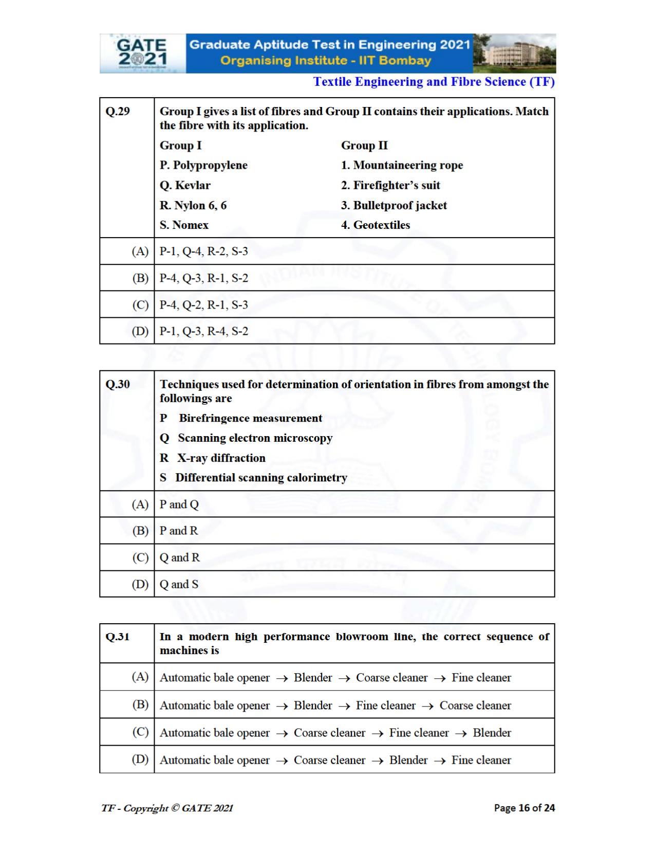 GATE 2021 Textile Engineering & Fibre Science (TF) Question Paper - Page 16