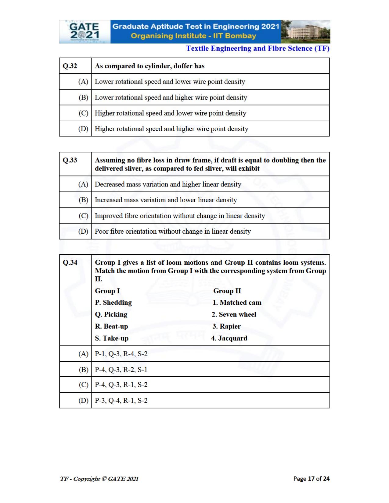 GATE 2021 Textile Engineering & Fibre Science (TF) Question Paper - Page 17