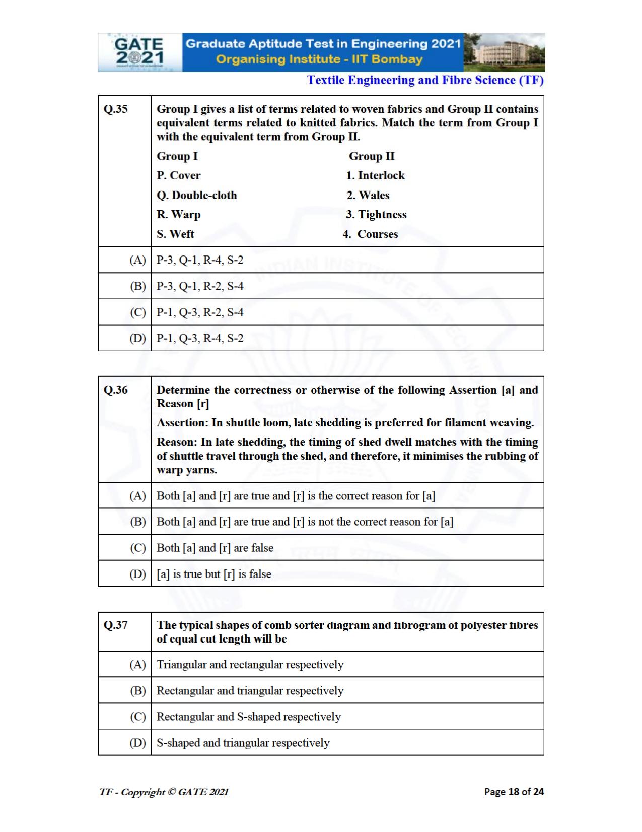 GATE 2021 Textile Engineering & Fibre Science (TF) Question Paper - Page 18