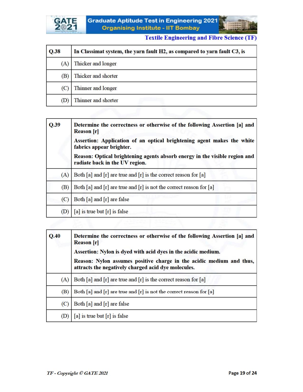 GATE 2021 Textile Engineering & Fibre Science (TF) Question Paper - Page 19