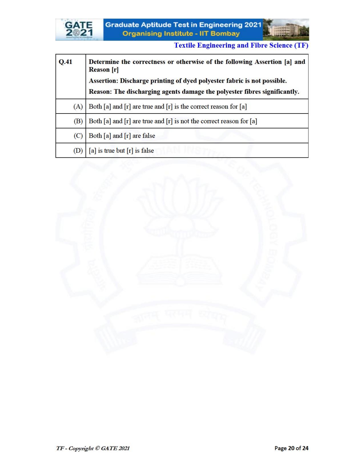 GATE 2021 Textile Engineering & Fibre Science (TF) Question Paper - Page 20